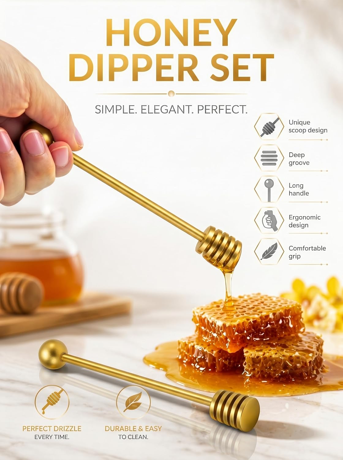 Honey Dipper, 6.3 in Stainless Steel Server Stick, 2-Pack Gold Color | Spiral Honey Dipper Design, Honeycomb Stick for Honey Jar, Syrup Drizzler, Tea Server, Dishwasher Safe Gift Pair