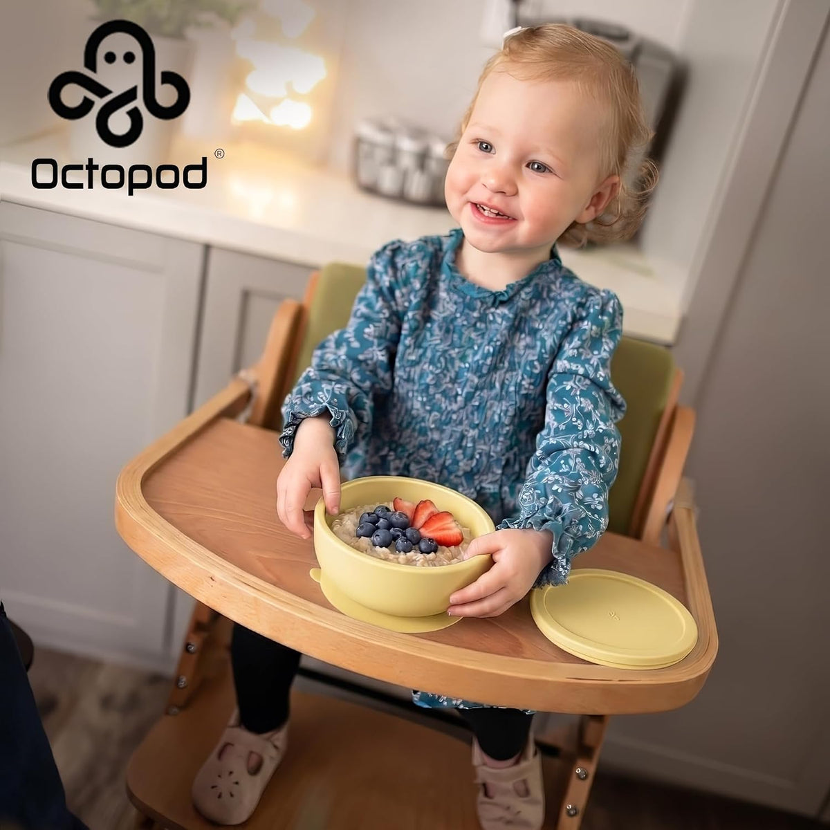 Abiie Octopod Silicone Suction Baby Bowl &amp; Lid - Food Storage - Yellow | High Chair Accessories, Mess-Free Toddler Feeding Essentials, Baby-Led Weaning, Baby Food Container, 5.7" x 3" x 5.7"