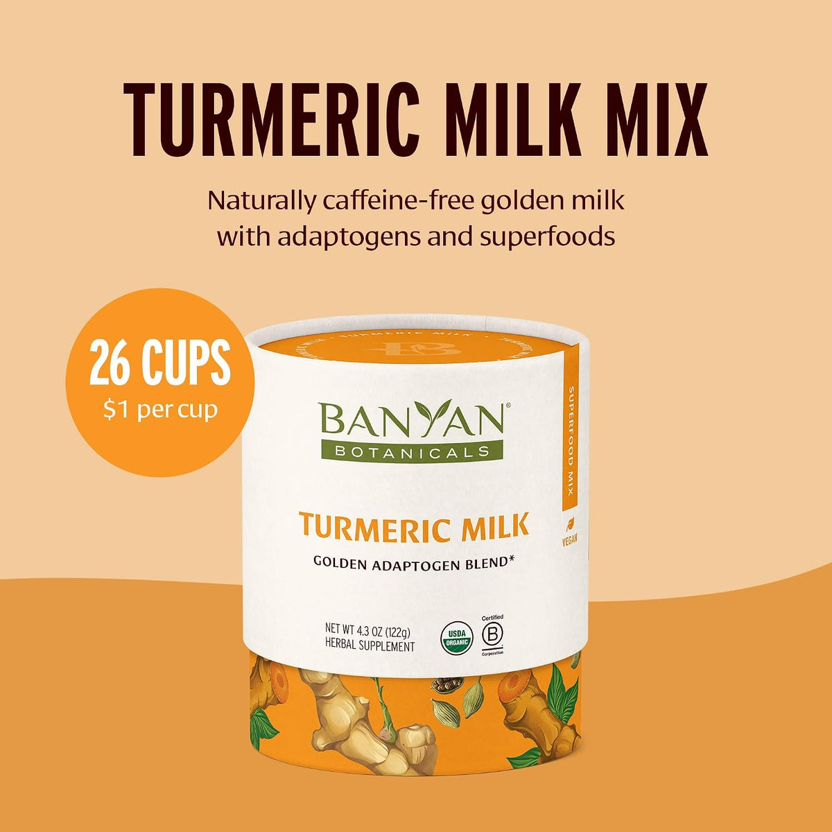 Banyan Botanicals Turmeric Milk – Organic Turmeric Latte Mix with Ashwagandha &amp; Cardamom – Instant Caffeine Free Golden Milk with Maple Sugar – 4.3 oz, 26 servings –Non GMO Sustainably Sourced Vegan