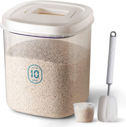 Rice Container 25 lbs,10.5 Qt/10 L/25 lbs Rice Dispenser Food Storage Bin with Measuring Cup & Brush Food Cereal Container