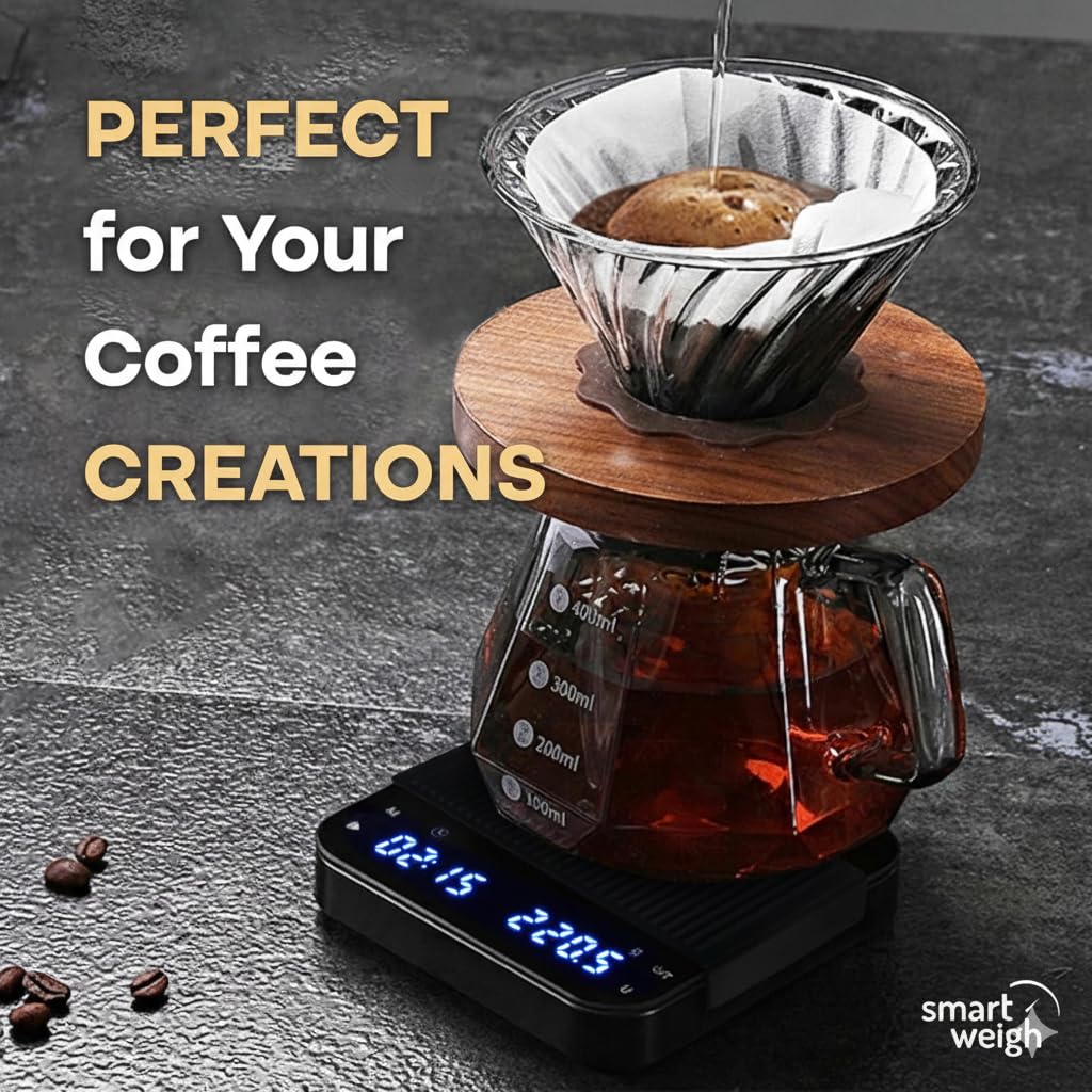 Smart Weigh Coffee Scale with Timer, Precision Espresso &amp; Tea Digital Scale, Espresso Machine Accessories for Pour-Over Coffee, Travel Food Scale, LED Display, Rechargeable USB-C - 3kg/0.1g