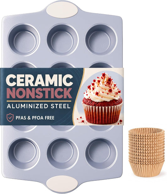 BRONYPRO Ceramic-Coated Nonstick 12-Cup Muffin Pan with 120 Liners