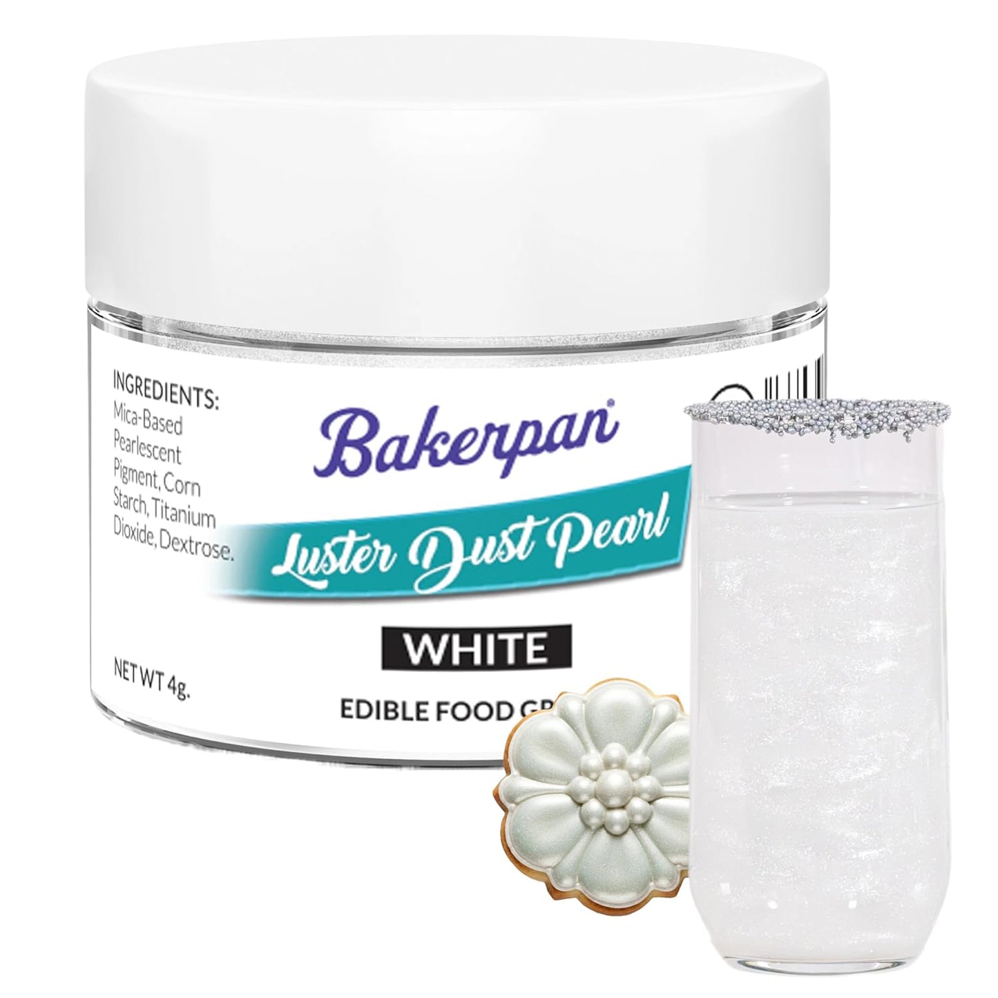 Bakerpan Pearl Luster Dust Edible, White Edible Glitter for Cocktails, 4 Grams Edible Glitter for Ca