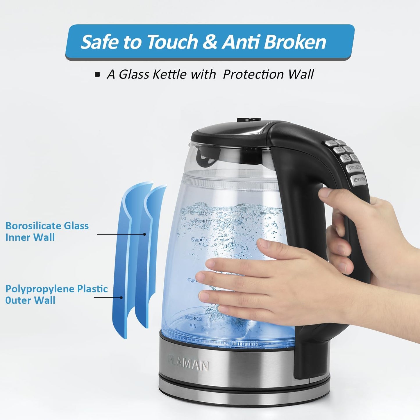 Cool Touch Electric Kettle with 6 Temp Presets for Tea/Coffee | 4H Keep Warm, Borosilicate Glass Inner and PC Outer Wall, BPA free, Auto Shut-off, 1.7L 1500W Fast Boil for Home/Office