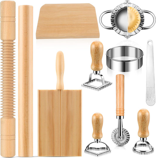 11 Pcs Pasta Making Tools Kit - Includes Wooden Gnocchi Board with Ravioli Stamp Cutter, Threaded Rolling Pin, Dumpling and