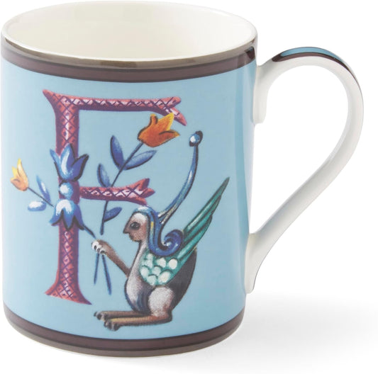 Spode Kit Kemp 12oz Mug, F Initial - Fine China Coffee Cup with Floral Alphabet Design, Custom Letter Mug for Unique Gift