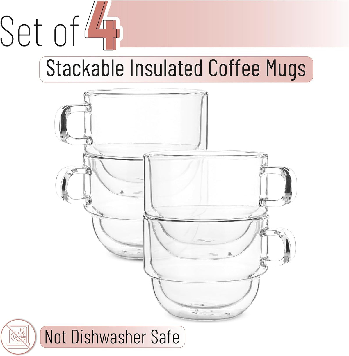 BTaT- Double Walled Stackable Glass Coffee Mugs, 12 oz, Set of 4, Glass Coffee Cups with Handle, Insulated Clear Coffee Mug for Hot and Cold Beverages, Cappuccino, Latte, Tea, Americano