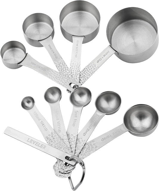 18/8 Stainless Steel Measuring Cups and Spoons Set 10 for Baking &amp; Kitchen, Metric &amp; US Metal 4 Measuring Cups and 5 Measuring Spoons with 1 Leveler