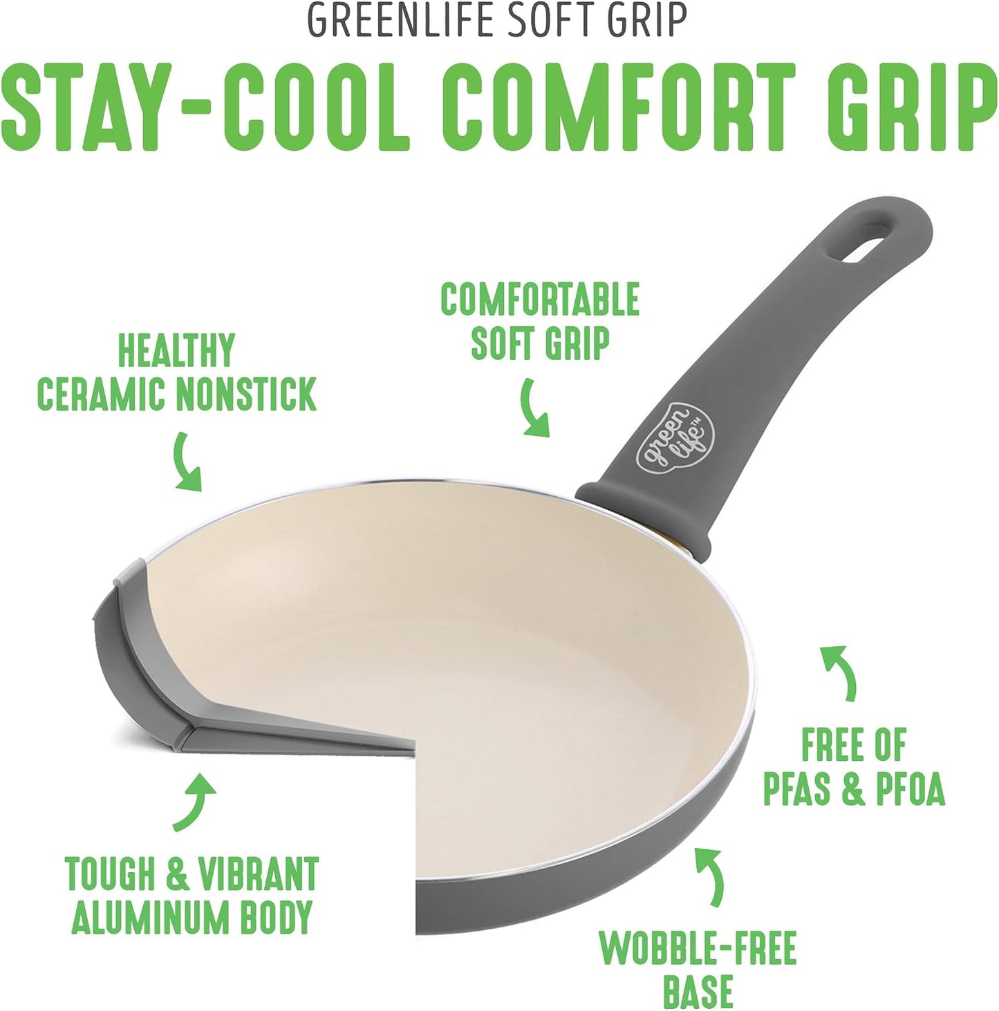 GreenLife 16 Piece Ceramic Nonstick Pots & Pans Cookware Set, Gray | PFAS-Free Nonstick Coating, Stockpot, Frying Pans