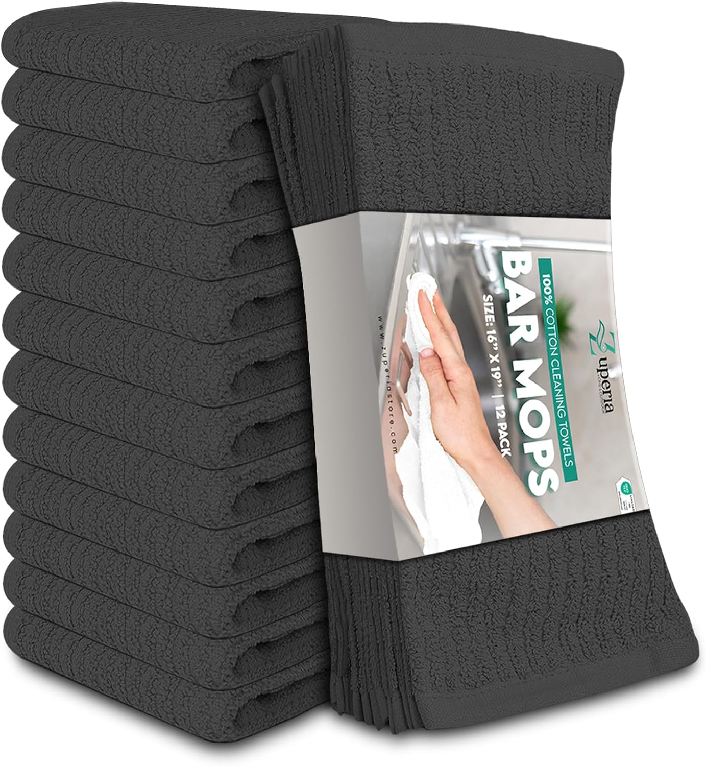 ZUPERIA Bar Mop Kitchen Towels - Pack of 12 (16" x19”) 100% Ring Spun Cotton - Dish Washcloths for Superb Cleaning and Less