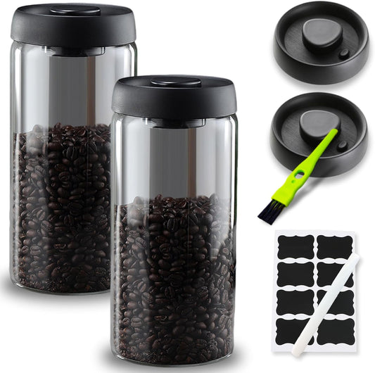 Vacuum Coffee Canister,2PCS 61FLOZ Borosilicate Glass Jar with Spare Airtight lid, Label & Brush, Coffee Bean Storage for