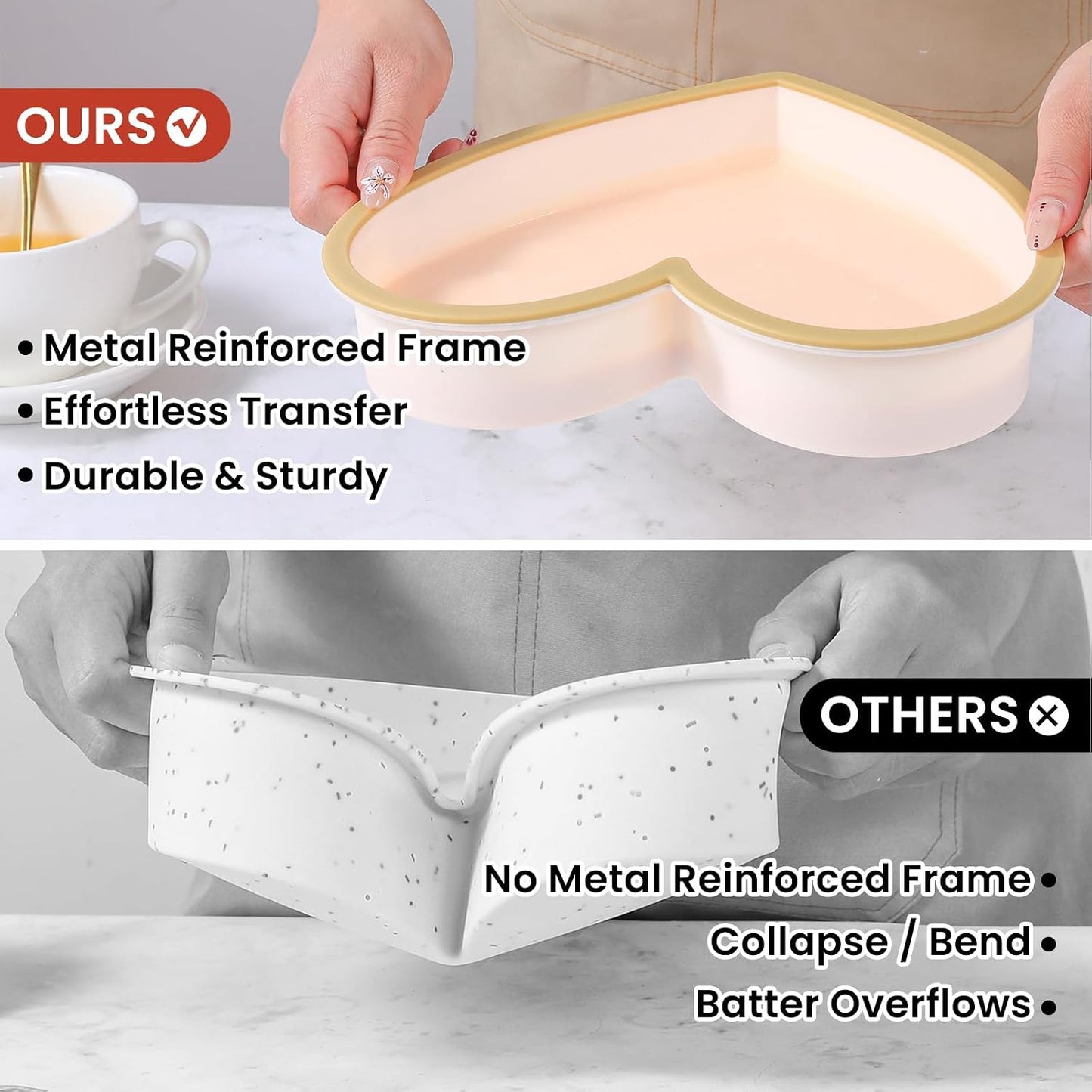 FUNBAKY Metal Reinforced Frame Silicone Heart Shaped Cake Pans - 10 Inch, Nonstick Molds for Cake Pan, Reusable and Easy to Release, Food Grade Silicone for Oven, Dishwasher, Freezer (2 Pack)