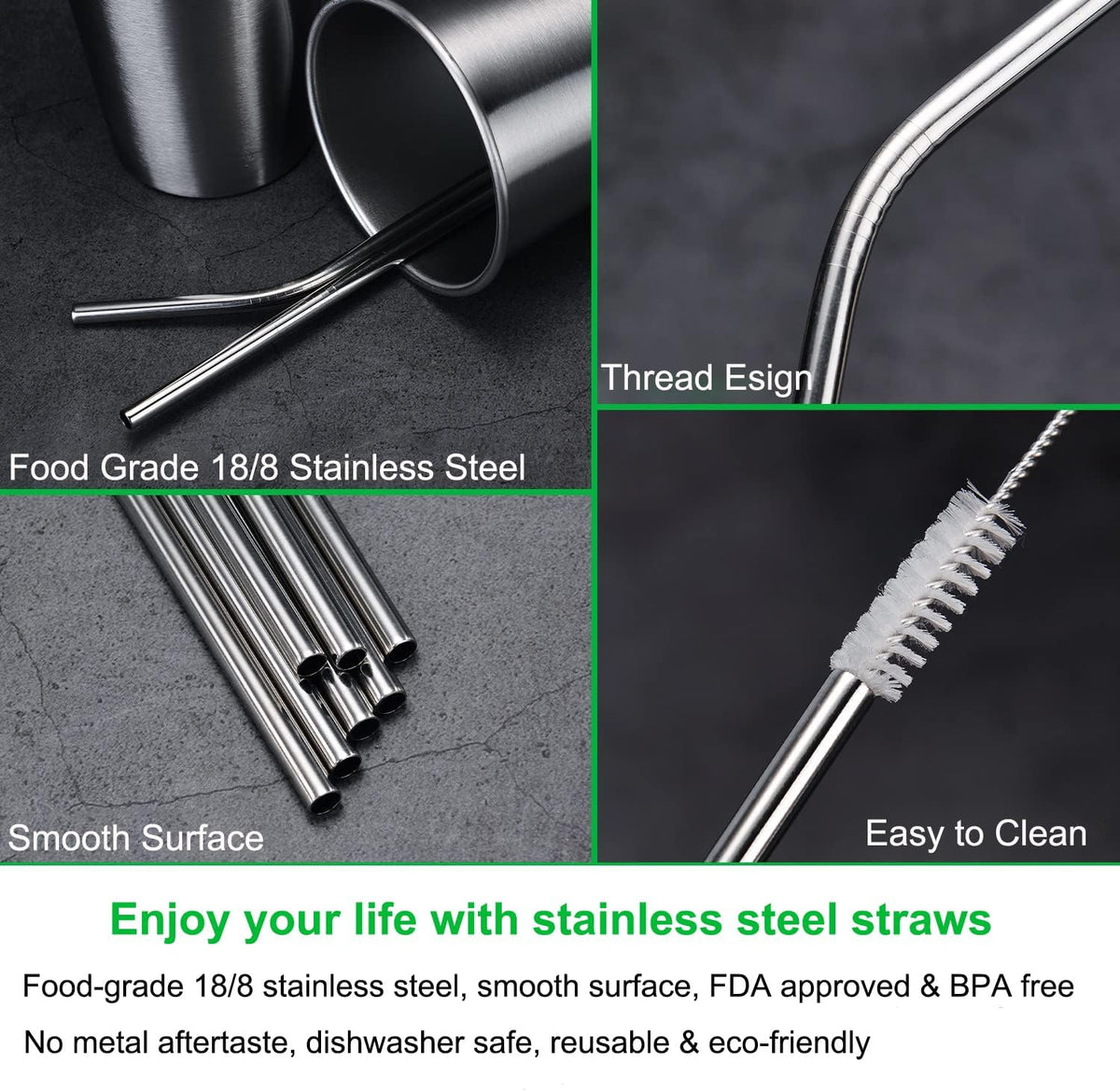 Vinaco 12 Pack 0.24" Wide Reusable Stainless Steel metal Straws