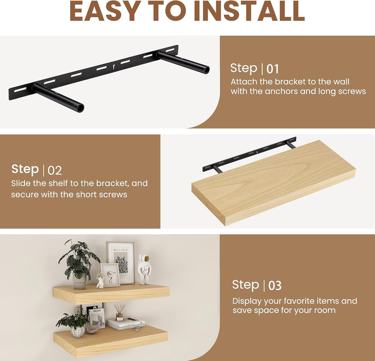 Floating Shelves24 Inch Long , 9 Inch Deep Floating Shelves for Wall, Solid Wood Floating Shelf, Deep Wall Shelves for Living Room, Bathroom, Kitchen, 24"W x 9.3"D x 1.6"H, Burlywood, Set of 2