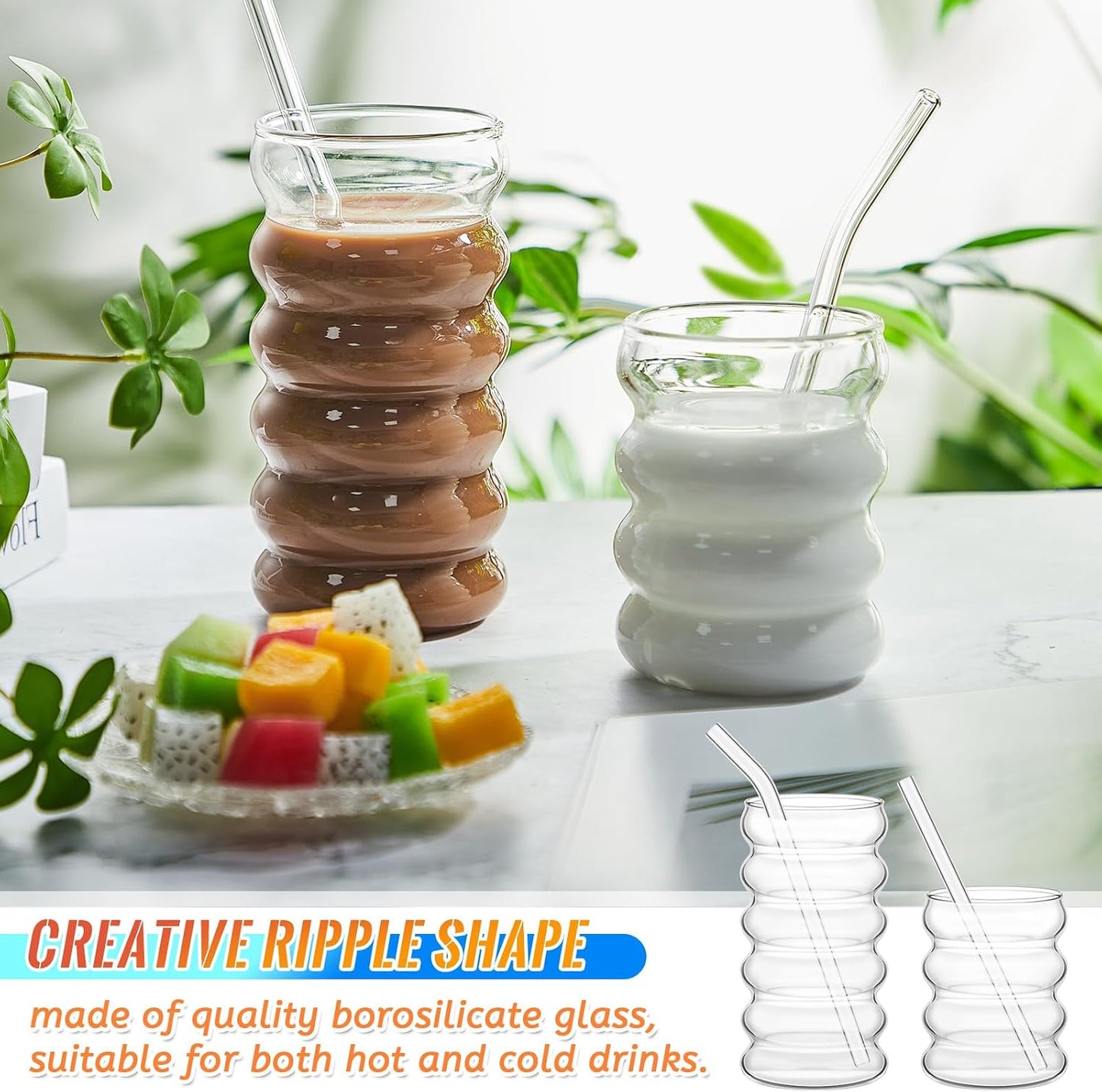 Tessco for you 4 Pcs Creative Glass Cups Vintage Drinking Glasses Ribbed Glassware Aesthetic Cup Entertainment Dinnerware Glassware with Straws Set for Kitchen Coffee Beverage(13.5 Oz, 16 oz,Clear)