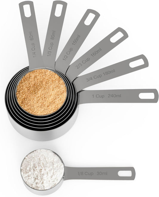 Chef Pomodoro Stainless Steel Measuring Cup Set, Nested and Stackable with 7 Pieces, Sturdy Extra-long Handles with Lasered