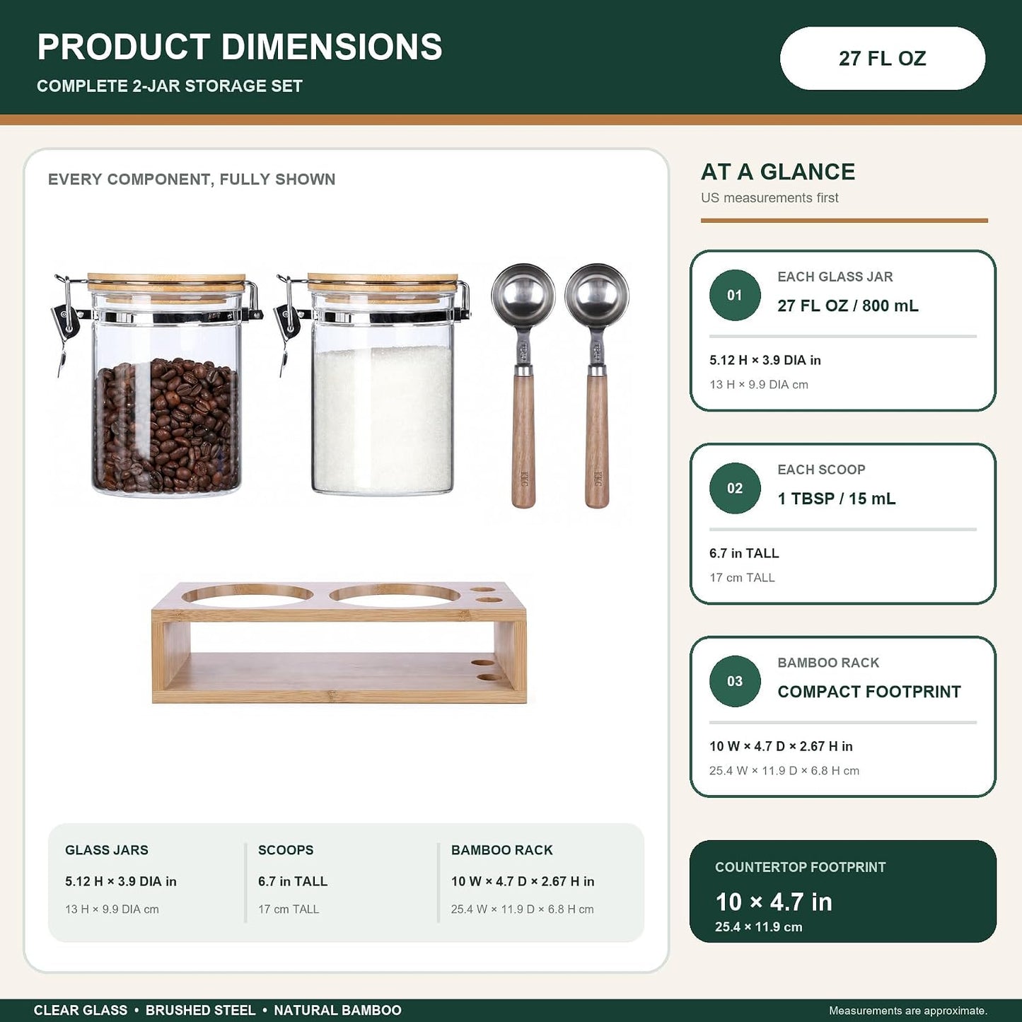 KKC Airtight Coffee Canister Set of 2 with Scoops &amp; Bamboo Lids | 27oz Glass Coffee Jar for Ground Coffee &amp; Beans | Clear Storage Container for Kitchen &amp; Coffee Bar Accessories, Keeps Coffee Fresh