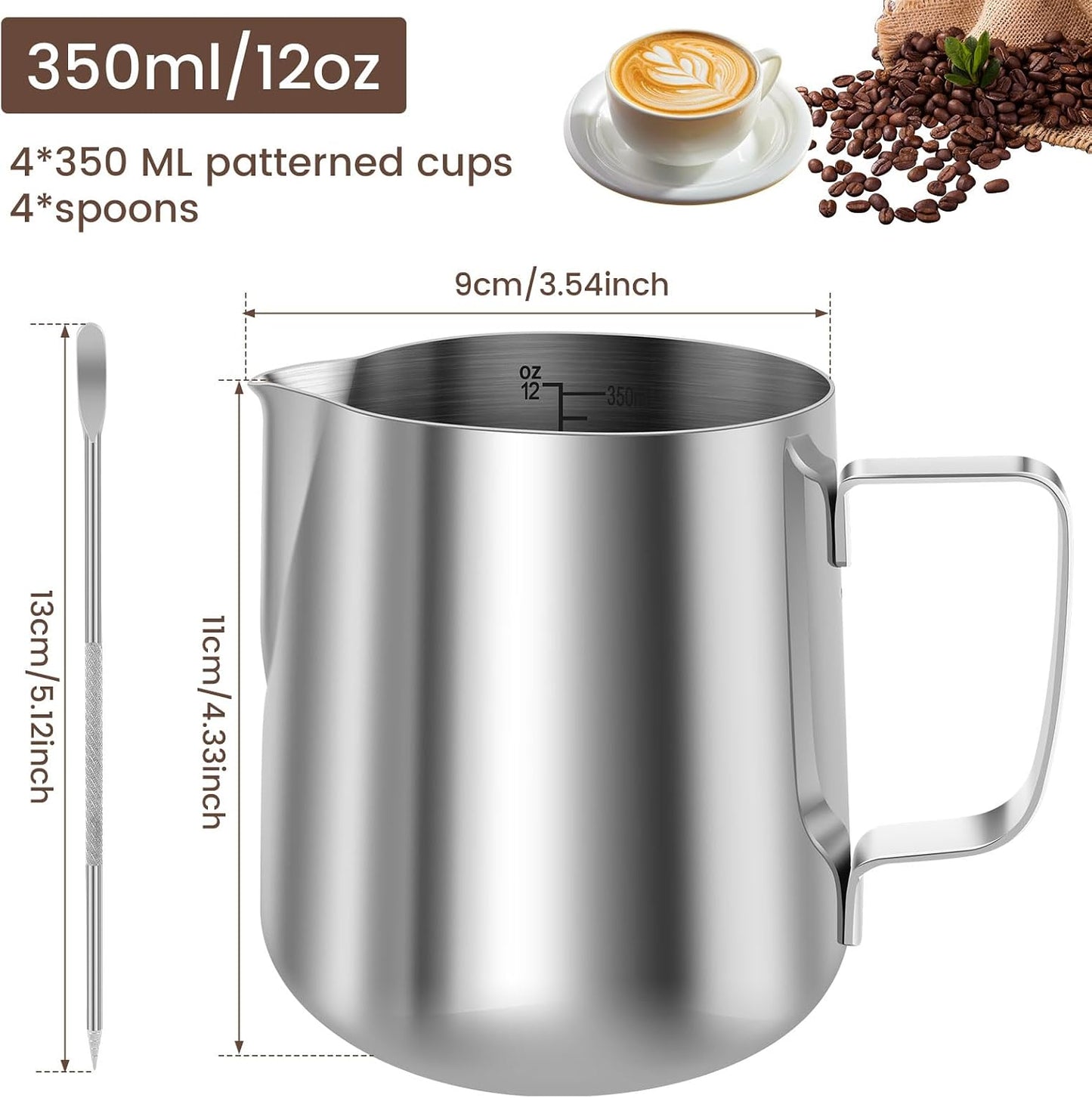 4PCS Milk Frothing Pitcher, 12oz/350ml Stainless Steel Milk Frother Cup, Espresso Coffee Jug for Latte Art Cappuccino, Barista Milk Cup with Decorating Pen for Home Barista and Coffee Bar