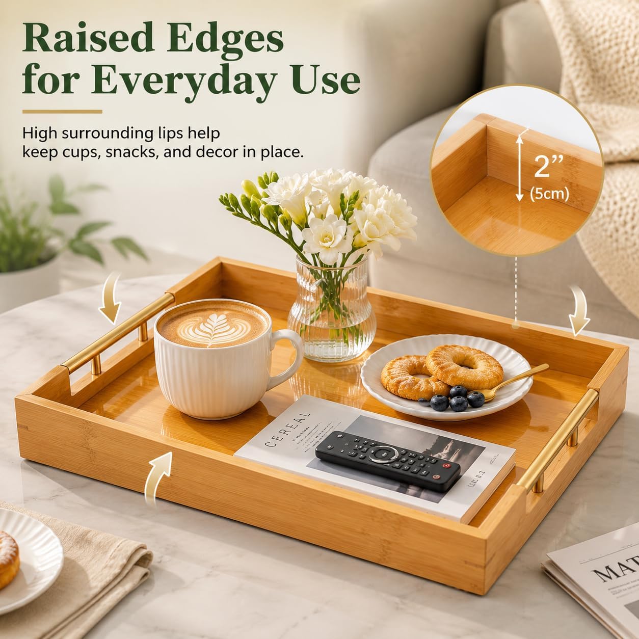Bamboo Serving Tray, Wooden Tray with Gold Handles, 15L x10W x2H in | Deep Serving Tray, Decorative Tray, Rectangular Wood Tray, Coffee Table Tray, for Ottoman, Kitchen, Bedroom, Lap &amp; Couch