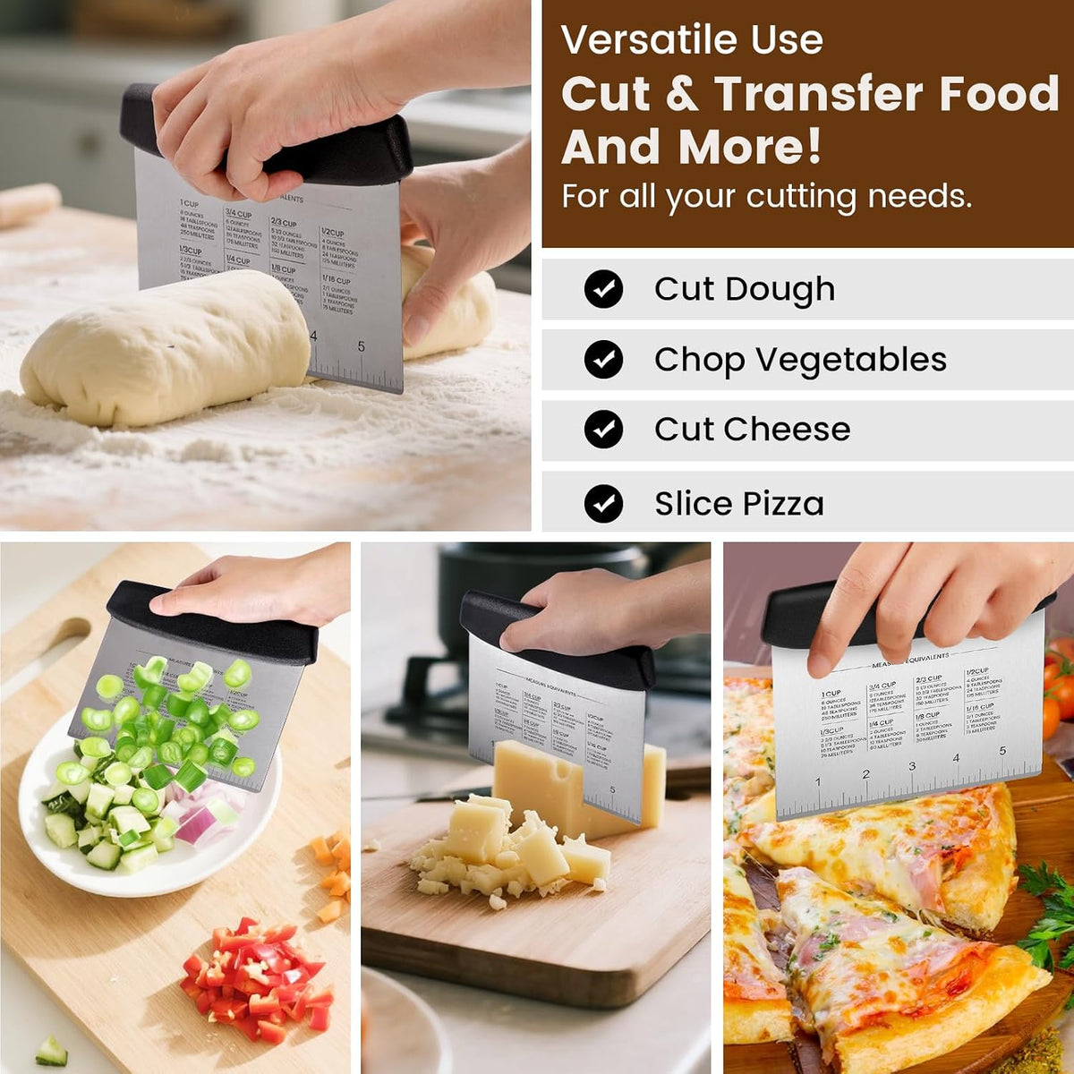SCHVUBENR Dough Scraper Set with 2 Flexible Bowl Scrapers - Stainless Steel Dough Cutter &amp; Bench Scraper with Measuring Scale - Versatile Kitchen Scraper for Bread, Pastry, Pizza, Cake - Black &amp; Green