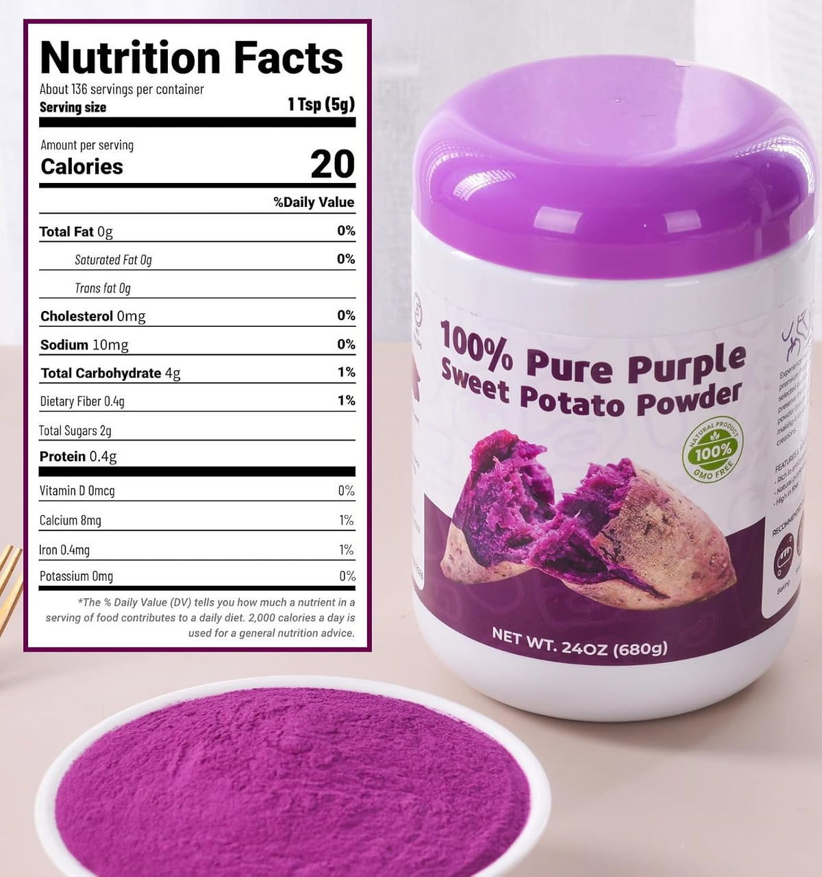 24oz Pure Purple Sweet Potato Powder, 100% Natural Food Coloring for Baking