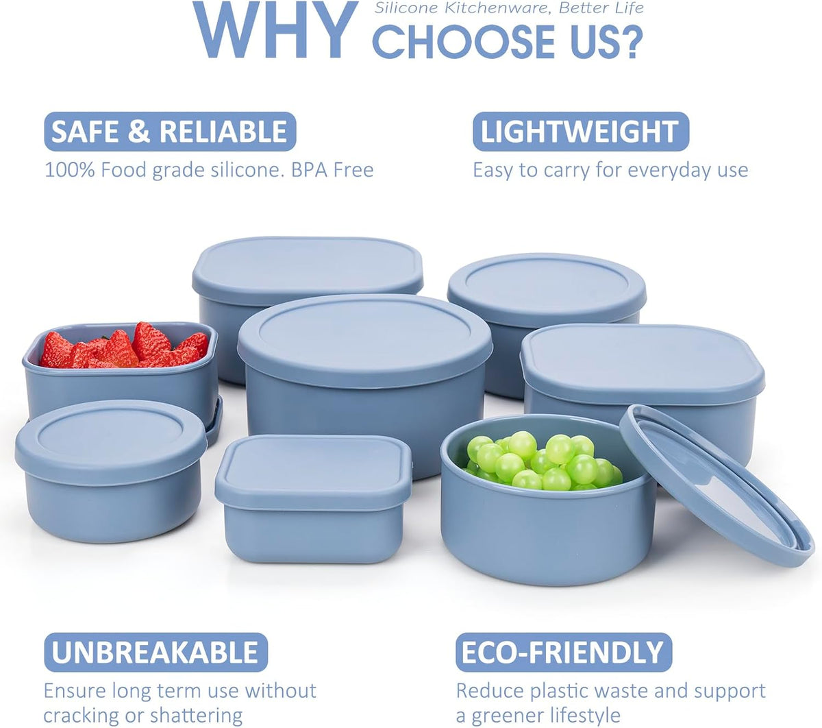 100% Silicone Food Storage Containers with Lids, 8 Pack, 10oz to 51oz, Reusable Leakproof Nesting &amp; Stackable Silicone Bento Lunch Box, Microwave Freezer Dishwasher Oven Safe, BPA Free, Slate Blue