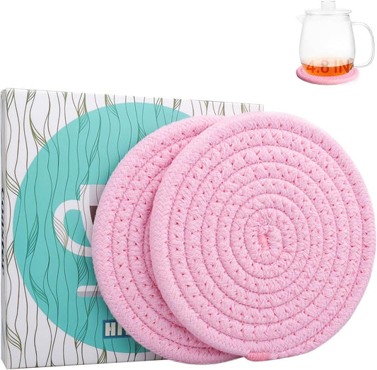 4.8" Sakura Pink Cotton Coasters for Drinks Set of 2 – Soft Absorbent Fabric Drink Pads for Coffee Cups, Boho Pastel Mug