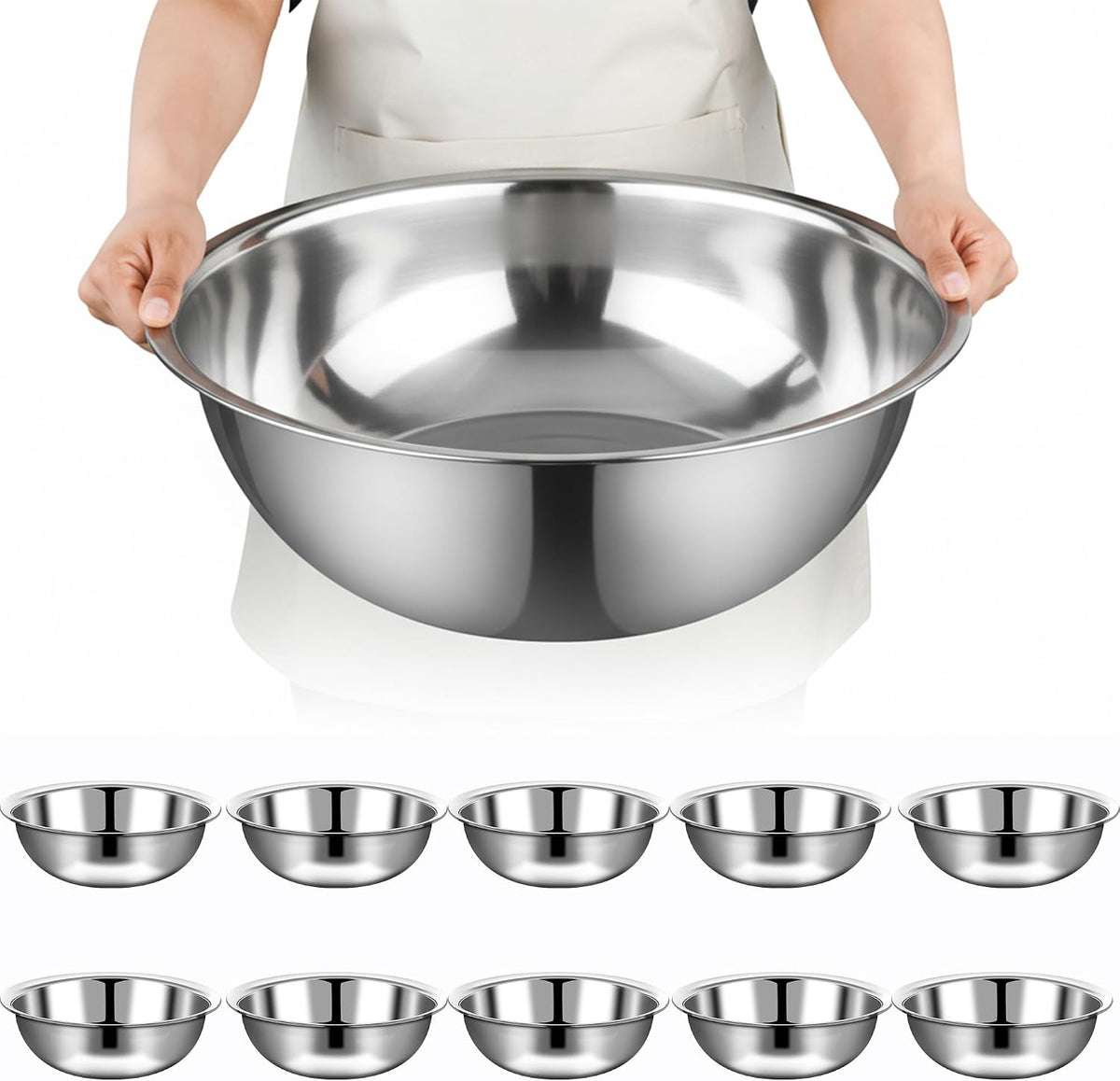 10 Pcs Stainless Steel Mixing Bowls Metal Mixing Bowls Extra Large Basin Salad Bowl with Deeper Edge, Dishwasher Safe, Mirror Finish for Home and Commercial, Silver (13 Inch 7 Qt)