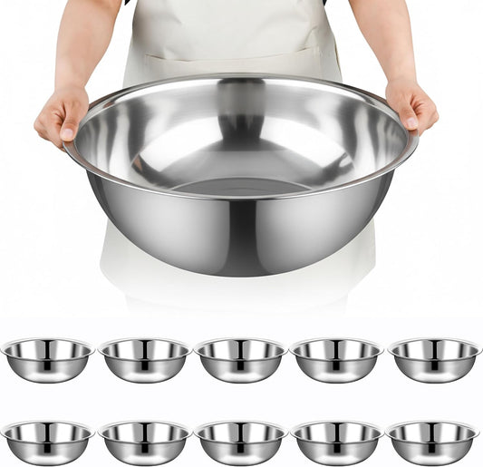 10 Pcs Stainless Steel Mixing Bowls Metal Mixing Bowls Extra Large Basin Salad Bowl with Deeper Edge, Dishwasher Safe, Mirror Finish for Home and Commercial, Silver (13 Inch 7 Qt)