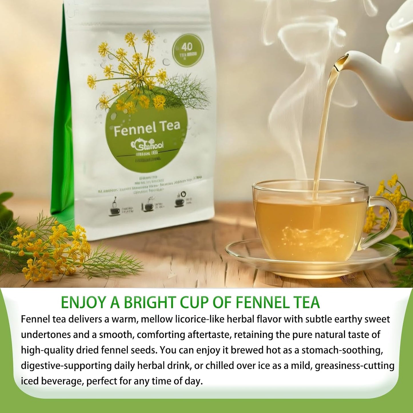 Samcci Fennel Tea Bags, 40 Count (4g/bag), Whole Fennel Seeds | Warm Aromatic Seed Infusion, Supports Digestion &amp; Immune System, Pure Herbal Tea, Non-GMO, Caffeine-Free, No Additives