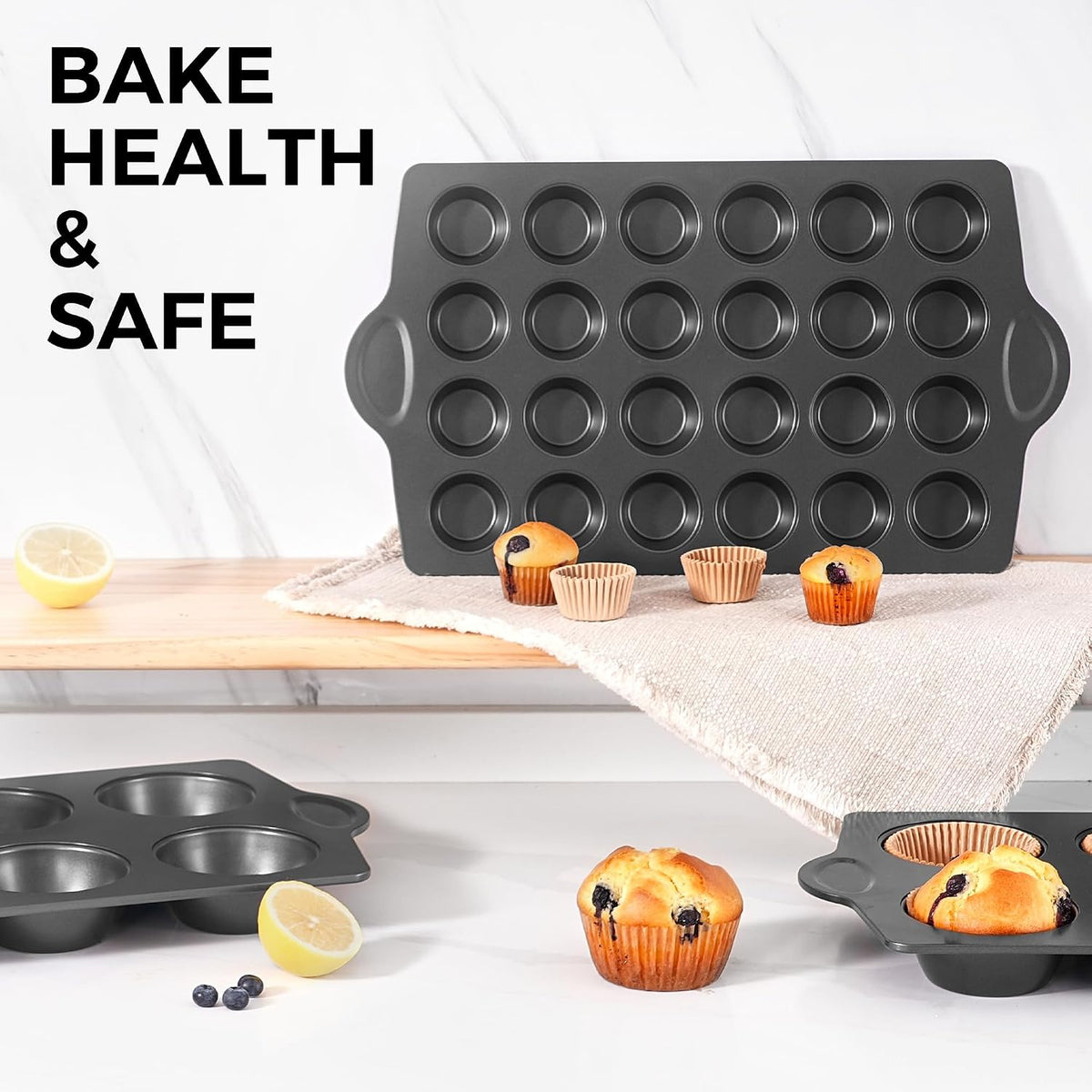 HONGBAKE Mini 24 Ceramic Muffin Pan Set, Nonstick Cupcake Pans with 240 Parchment Paper Liners, Non-toxic, Heavy-duty Small Cheesecake Tray with Ear Shaped Wider Grips, Gray