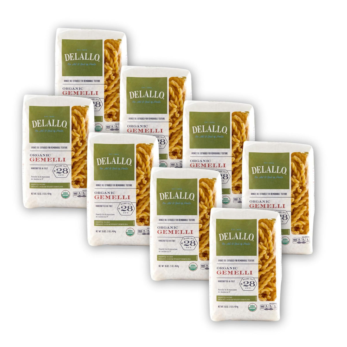 DeLallo Organic Gemelli Pasta, Made with 100% Semolina Durum Wheat Flour, Bronze Cut, Made in Italy, Non-GMO, Preservative Free, Vegan, Kosher, Twisted Pasta Shape, 1 Pound Bag, (8 Pack)