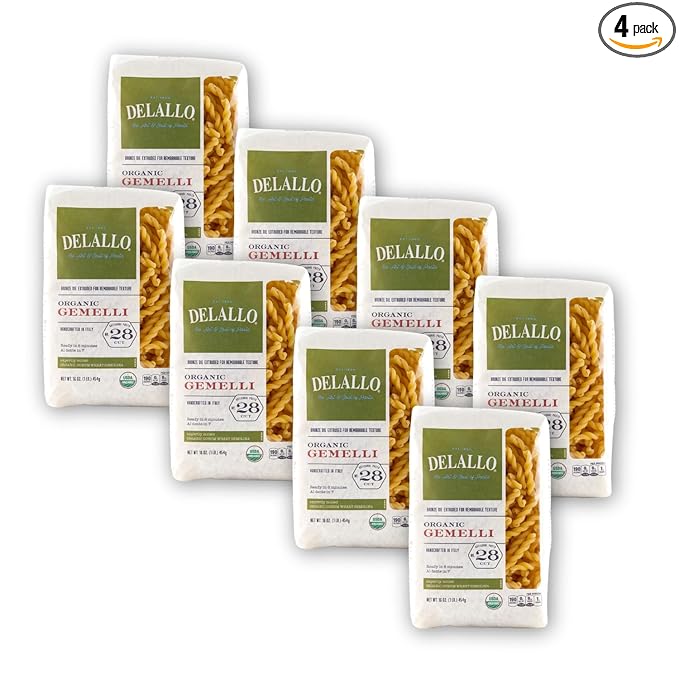 DeLallo Organic Gemelli Pasta, Made with 100% Semolina Durum Wheat Flour, Bronze Cut, Made in Italy, Non-GMO, Preservative Free, Vegan, Kosher, Twisted Pasta Shape, 1 Pound Bag, (8 Pack)