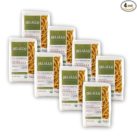 DeLallo Organic Gemelli Pasta, Made with 100% Semolina Durum Wheat Flour, Bronze Cut, Made in Italy, Non-GMO, Preservative