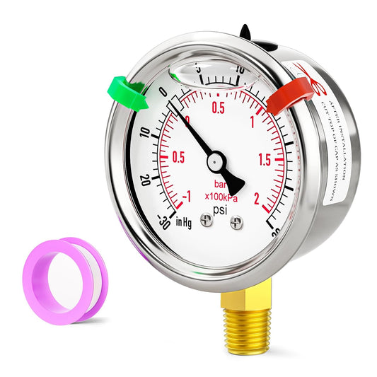 Glycerin Filled Vacuum Pressure Gauge-30-30psi Stainless Steel 1/4" NPT 2.5" Dial, for LowerMounting Designed for Pressure