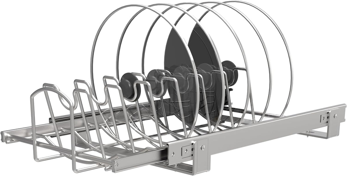 Slide Out Pan and Pot Lid Organizer For Under Cabinet, Wire Dividers Kitchen Pull Out Pot Lid Rack Organization And Storage, Full-Extension Rail, 12" W X 20" D