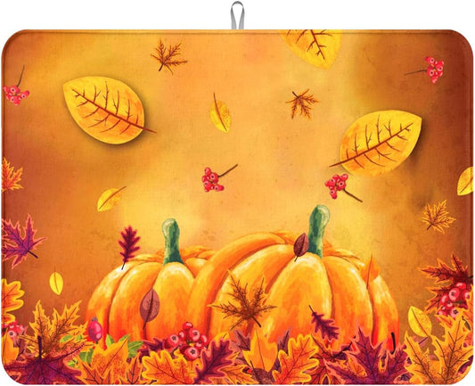 Harvest Pumpkin Maple Leaf Dish Drying Mat for Kitchen Counter, Absorbent Drying Mat with Autumn Fall Leaves, Kitchen Countertop Protector, Farmhouse Coffee Bar Decor, 18 x 24 Inch