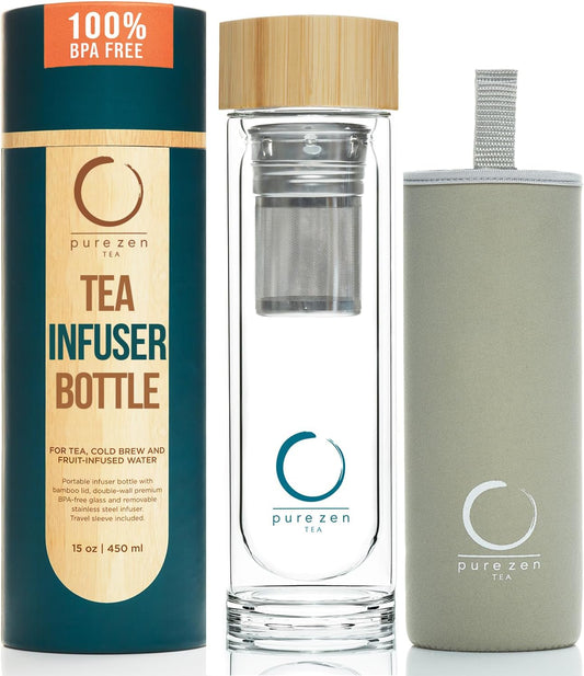 Pure Zen Tea Infuser Bottle - Insulated Glass Bottle for Loose Leaf Infusions - Tea Tumbler with Infuser - Portable Travel