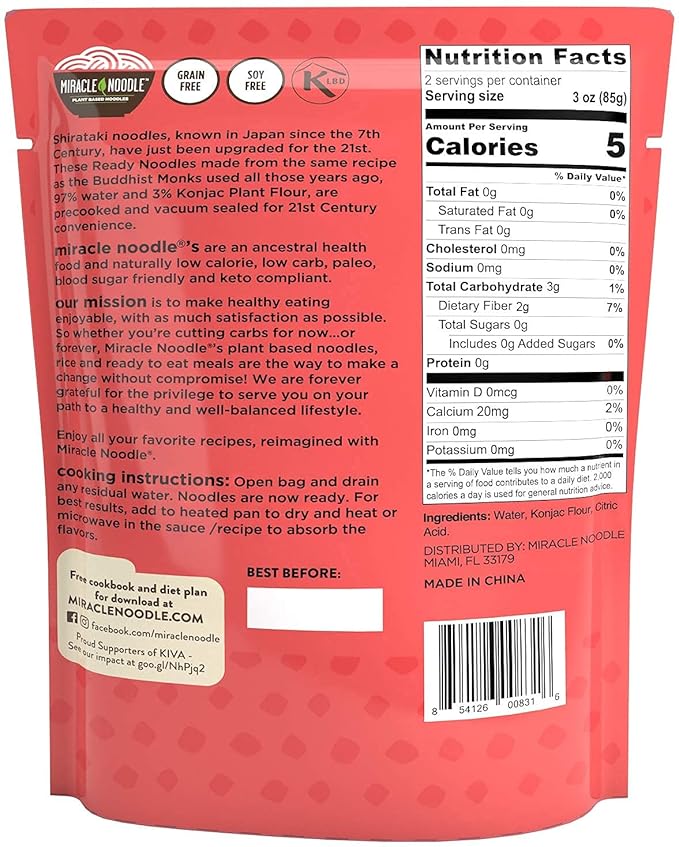 Miracle Noodle Ready to Eat Fettuccine Pasta, 7 Oz (Pack of 6), Plant Based Shirataki Konjac Noodles, 5 Calories, 1g Net Carbs Per Serving, Keto, Gluten-Free