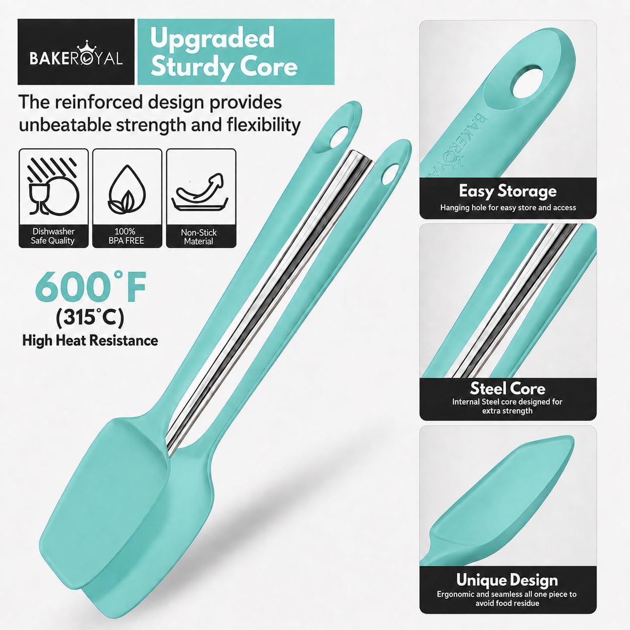 BakeRoyal Silicone Spatula Set, 600°F Heat Resistant, 4 Piece BPA-Free Food Grade Silicone Kitchen Utensils Set for Baking, Cooking &amp; Mixing, Non Stick Silicone Cooking Utensils Set - Aqua