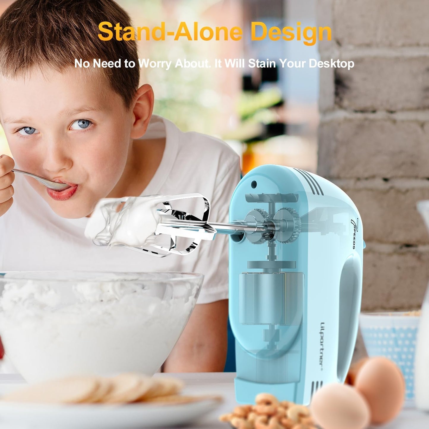 LILPARTNER Hand Mixer Electric, Ultra Power Kitchen Hand Mixer With 7-Speed &amp; 5 Stainless Steel Accessories for Whipping Dough, Cream, Cake, Dishwasher Safe, Light Blue