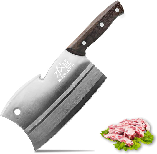 BLADESMITH Meat Cleaver, Multi-Purpose Dual Edges Butcher Knife, Heavy Duty Chopper Knife for Bone Cut with Ergonomic Wenge