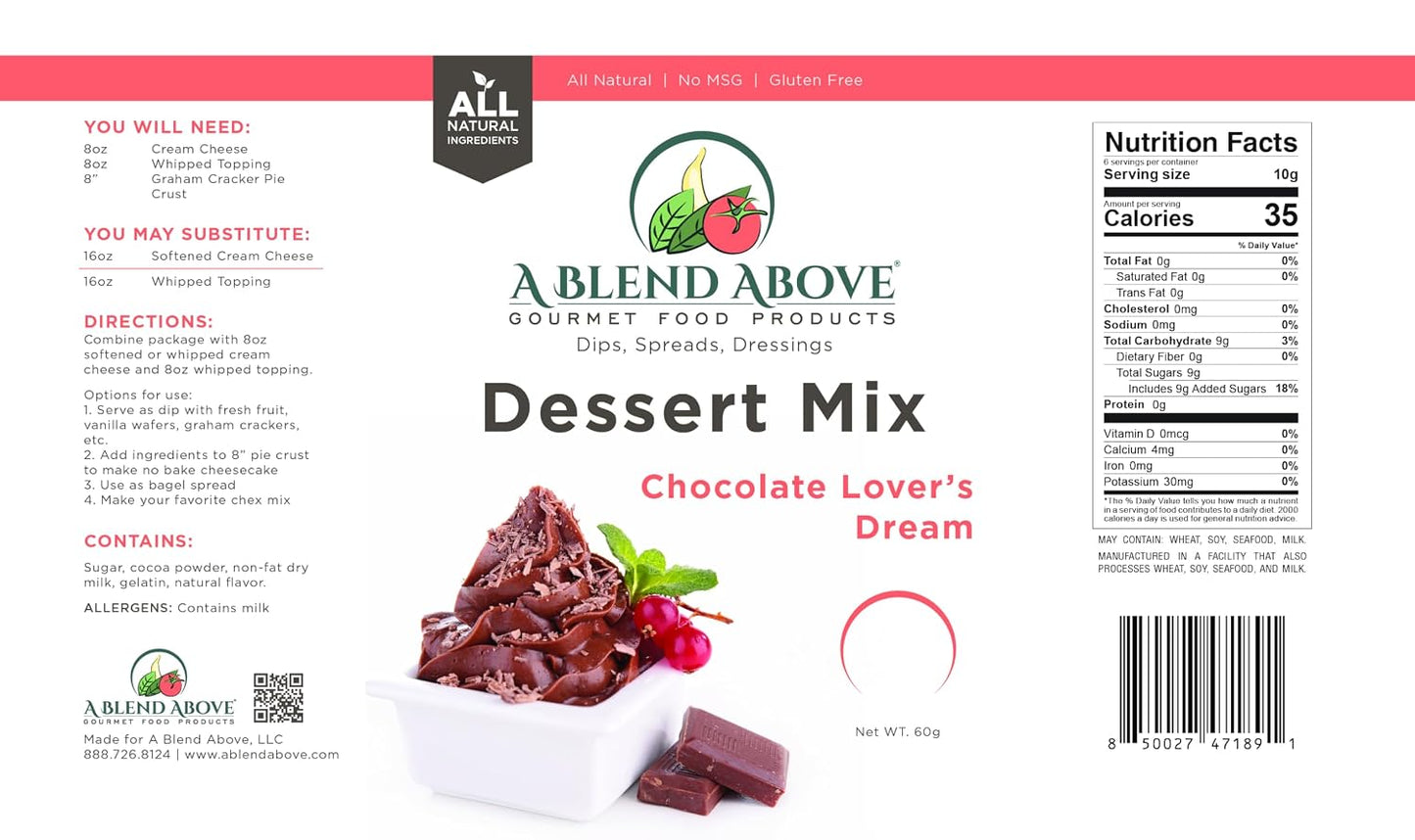 A Blend Above Chocolate Lover's Dream Pie Mix - No Bake, All Natural, Gluten Free, No MSG - Instant Dessert Mix, Fruit Dip, Bagel Topping, Frosting, Cheesecake Filling - Makes 16 Oz (Pack of 3)