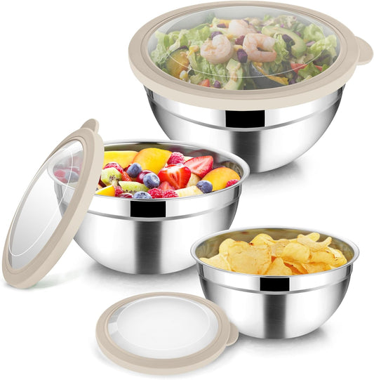 TeamFar Mixing Bowls with Lids, 4.5/3/1.5 QT Stainless Steel Nesting Salad Bowls with Airtight Lids, For