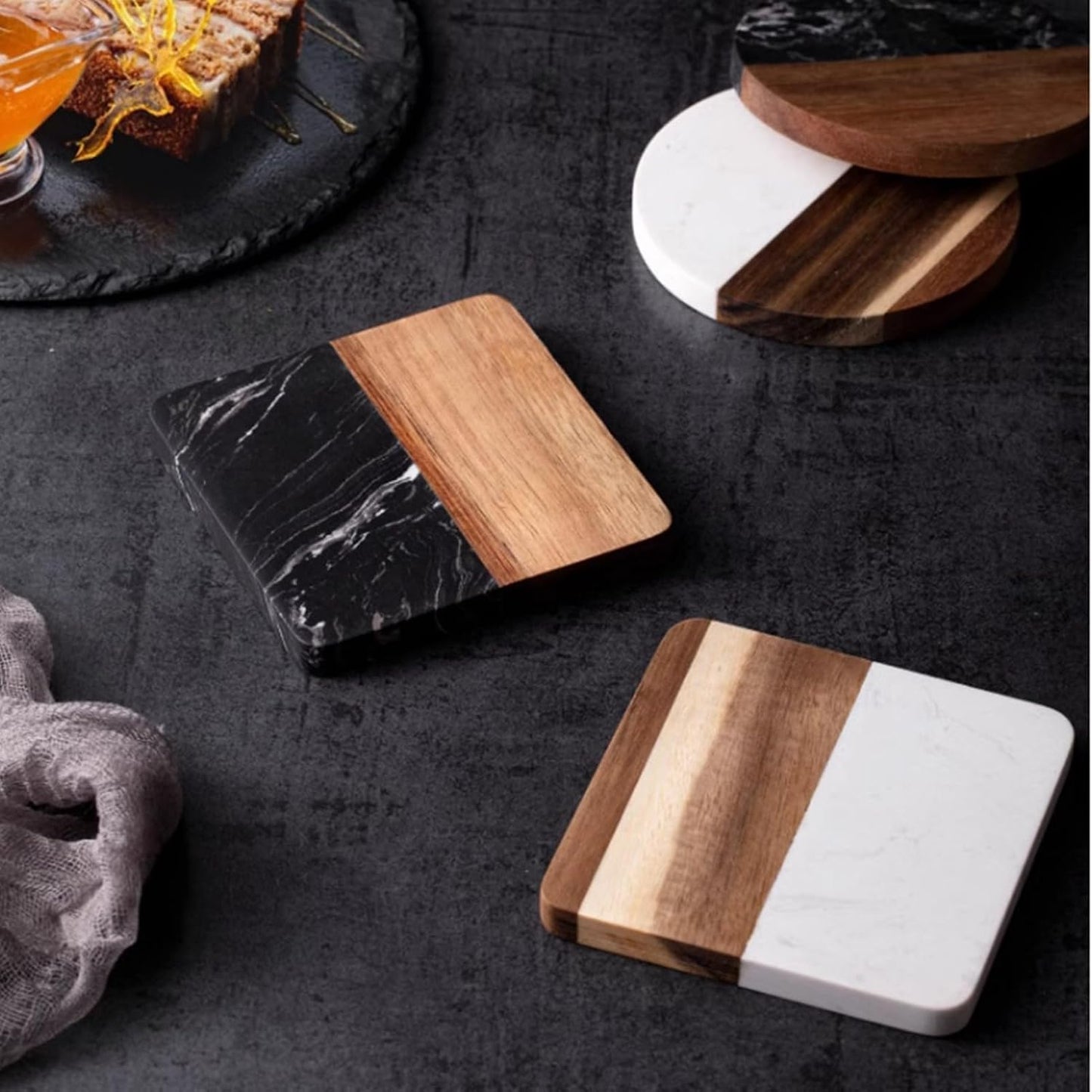 I-LAN 4-Piece Marble and Wood Coasters for Drinks, 4x4 Inch Square Modern White Marble and Natural Acacia Wood Coaster Set, Heat Resistant Table Protection for Coffee Table and Bar, White/Brown