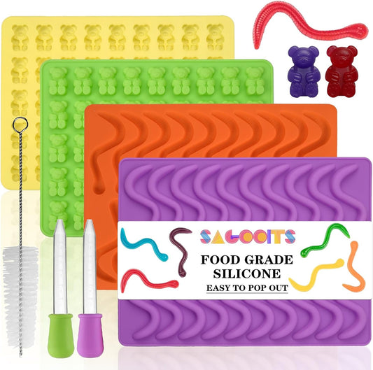 Gummy Bear and Worm Mold Silicone, No Stick Chocolate Candy Gummy Molds,Pack of 4 with 2 Droppers,SAGOOITS Large Gummy Bear