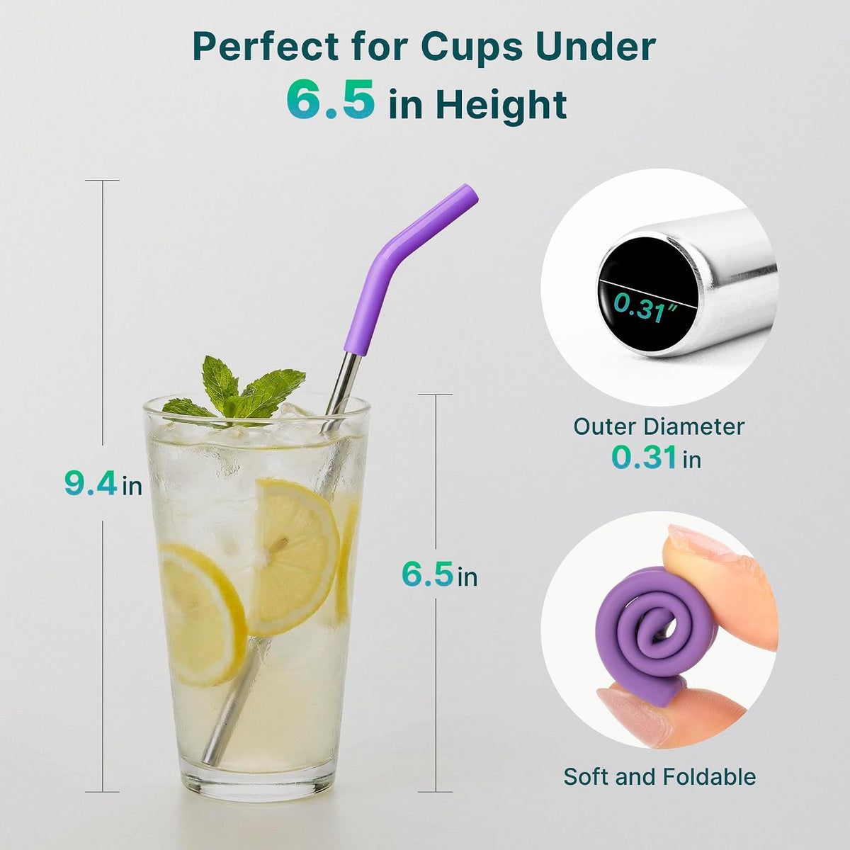 6.7" Short Metal Straw-Reusable Stainless Steel Straws with Silicone Tips | 304 Stainless Steel-BPA Free, Includes 2 Brush &amp; Pouch, Short Design Fit for Small Cups