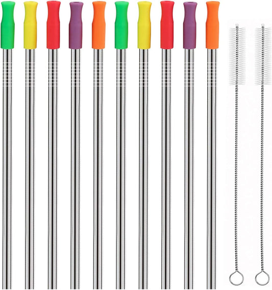 Stainless Steel Metal Straws with Silicone Tips Set of 10 Straight Reusable Drinking Straws for 20oz 30oz Tumblers (10.5'' L