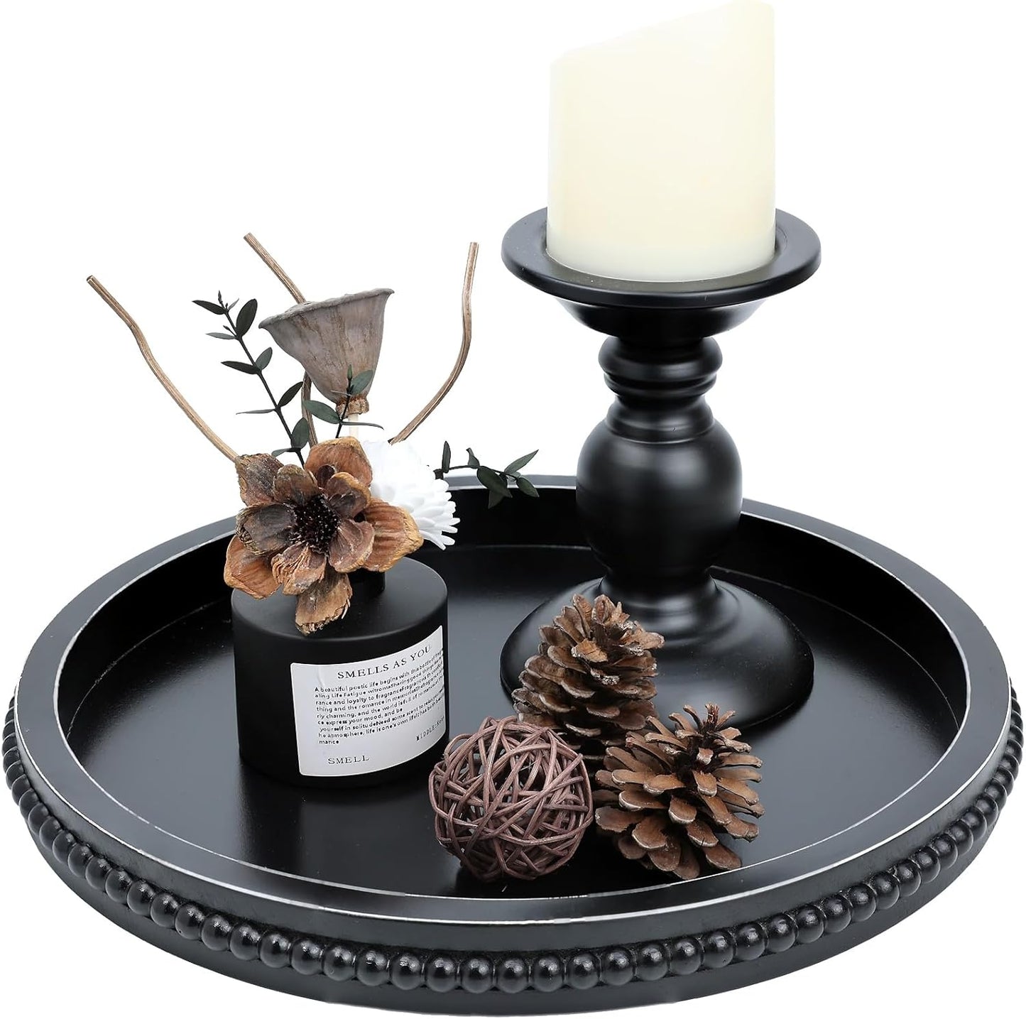 Black Round Wood Decorative Ottoman Tray for Coffee Table Kitchen Counter, Living Room, Handcrafted 