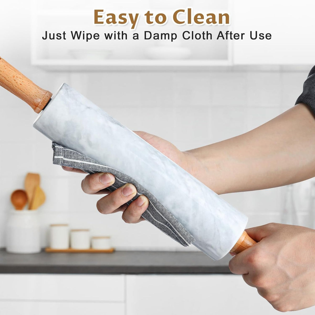 Marble Rolling Pin - 18.9" Marble Rolling Pins for Baking, Pastry, Pizza Dough &amp; More - Polished Non-Stick Surface, Long Dough Roller with Wooden Handles &amp; Base